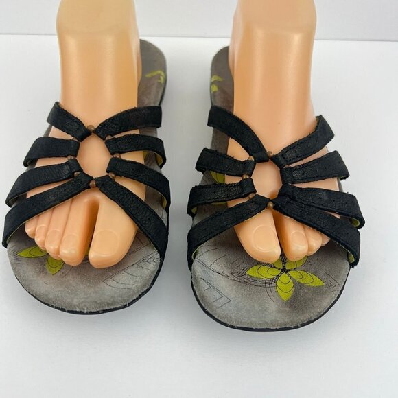 Abeo Sandals Womens 8 N Farren Strappy Slides Black Leather Open Toe Floral - Picture 3 of 8